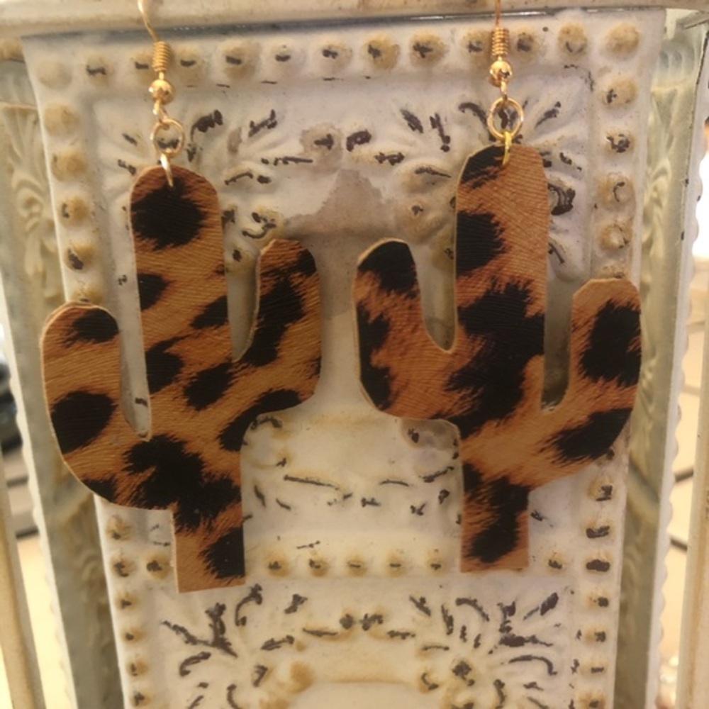 Cheetah Print Cactus Shape Faux Leather Earrings